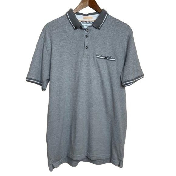 Denim & Flower Polo Shirt Light Heather Gray Contrast Breast Pocket Fitted LG - Picture 1 of 8